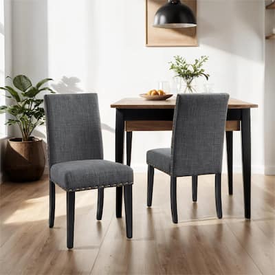 Set of 2 Nailhead Trim Dining Chair, Linen & Cotton Fabric Upholstery
