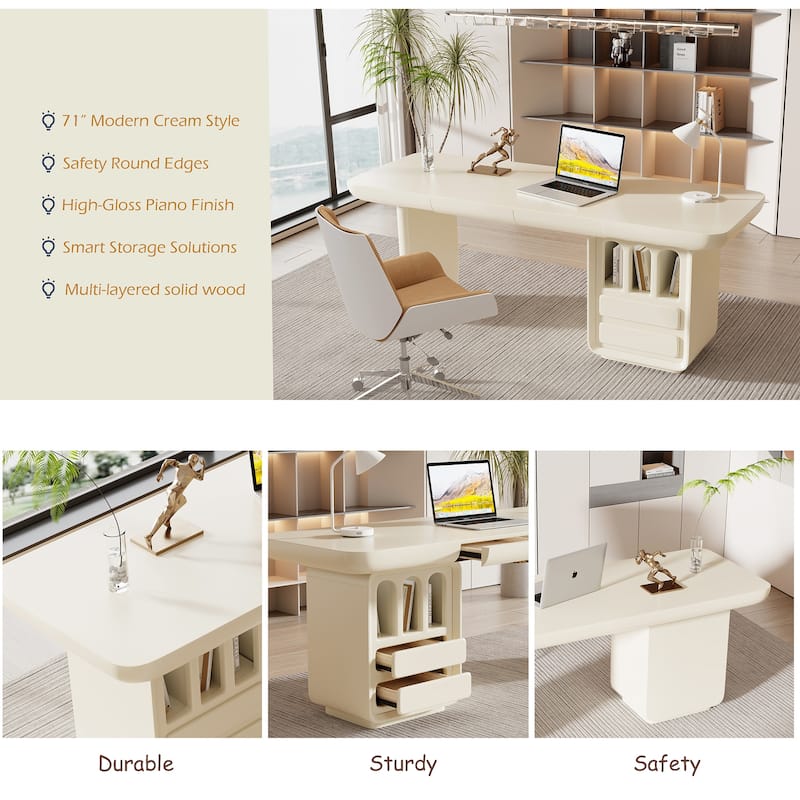 70.87" Beige Writing Desk, with 4 Drawers, Retangular Shaped, Round edges for Meeting Room