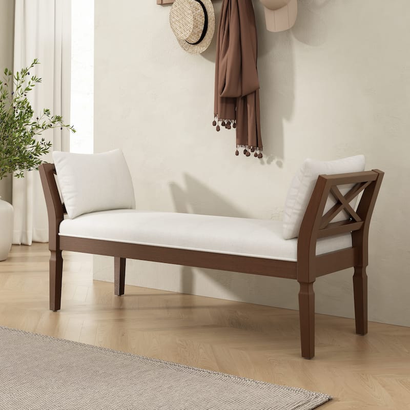 Christopher Knight Home - Ardent Rubberwood Upholstered Bench with Cushions and Arms - Beige + Walnut