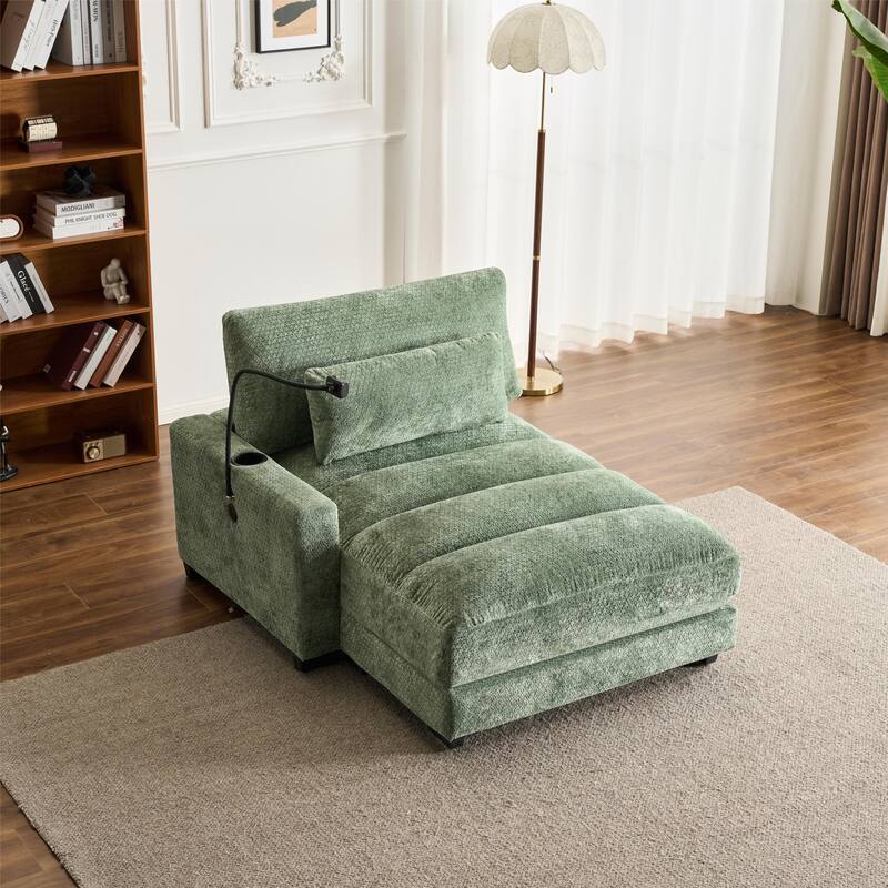 Chenille Single Sofa Chair Chaise Lounge with Phone Holder, Upholstered Recliner Sleeper Sofa Bed for Living Room - Green