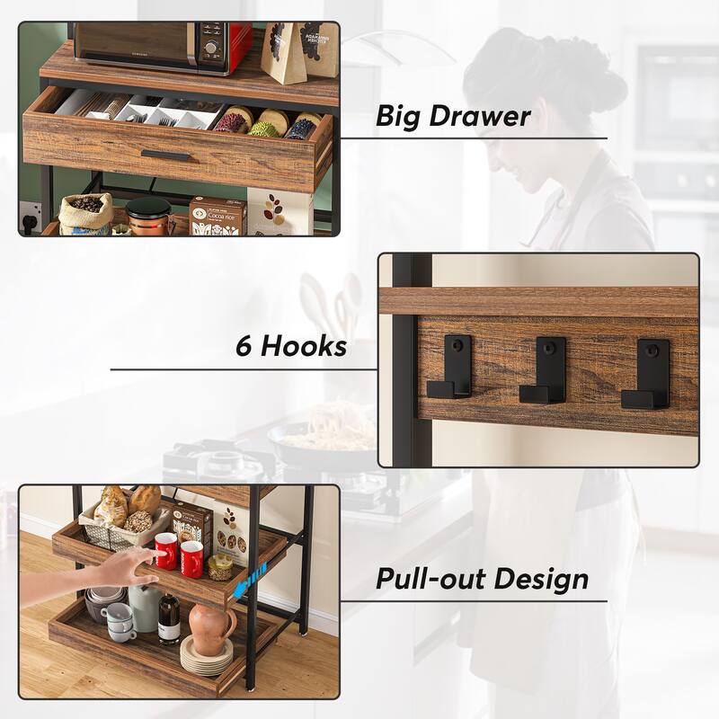 5-Tier Kitchen Bakers Rack with 4 Power & USB Outlets, Microwave Stand with Drawers and Shelves