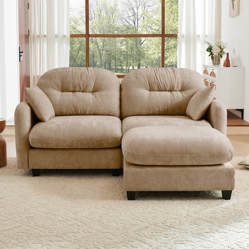 2 Seat Chenille Sofa Round Arms Sectional Sofa, Modern 74" Tufted Back Couch with Ottoman for Lving Room, Small Space