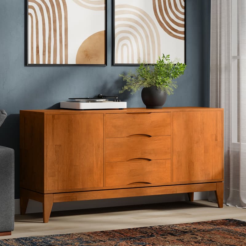 WYNDENHALL Pearson SOLID HARDWOOD 60 inch Wide Mid Century Design Sideboard Buffet - 17"d x 60"w x 30"h - Teak Brown