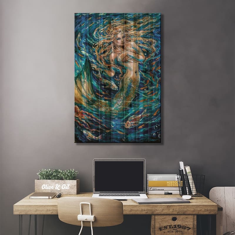 Swirling Waters Print On Wood by Linda Olsen - Multi-Color