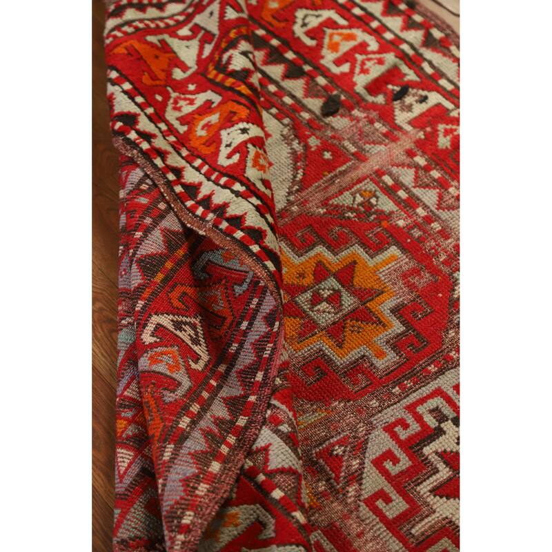 Hand Knotted Oriental 100% Wool Carpet Transitional Geometric Red Anatolian Runner Rug - 9' 9'' X 3' 8''