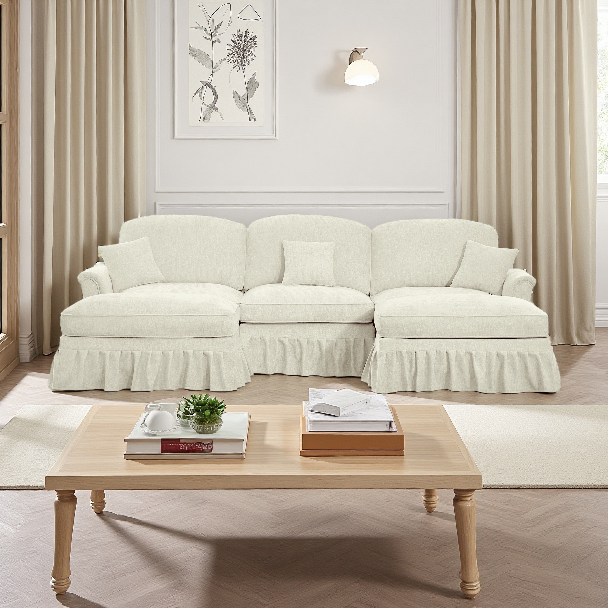 107.1" Mid-Century Chenille U-Shaped 3-Seater Sectional Sofa with Flared Arms, Skirt & Movable Ottomans