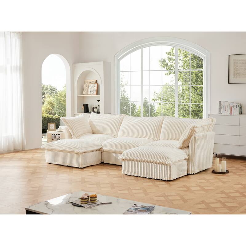 120" U-Shaped Corduroy Sectional Sofa with Slipcover & Cloud Cushions