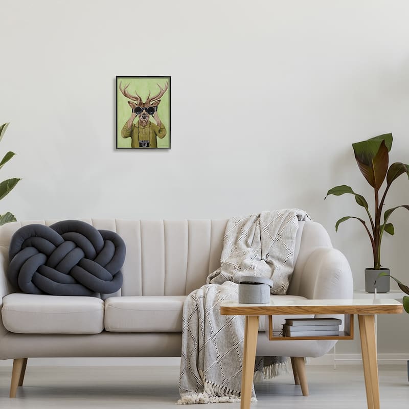 Stupell Funny Cute Deer Binoculars Camera Painting Green Background Framed Wall Art - Brown