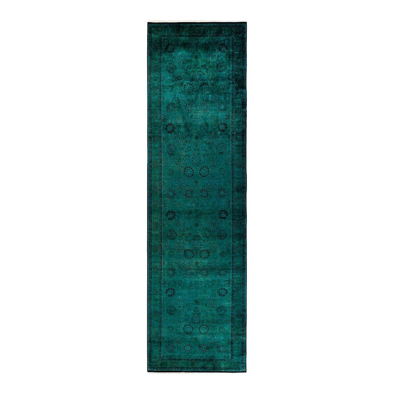 Overton Hand Knotted Wool Vintage Inspired Modern Contemporary Overdyed Green Area Rug - 4' 0" x 15' 0"