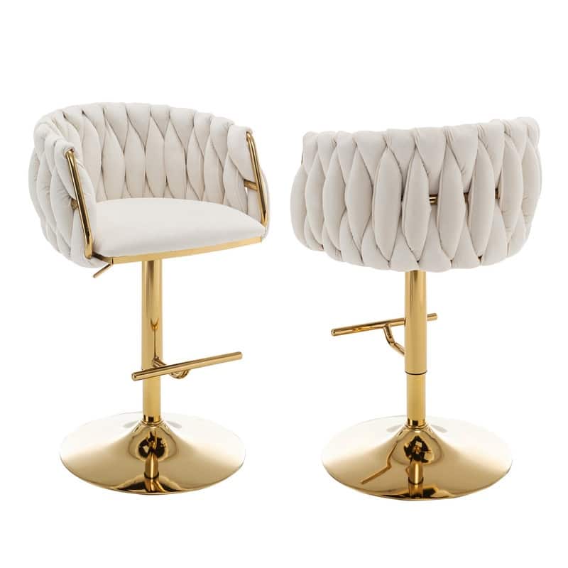 Best Quality Furniture Adjustable Velvet Upholstered Barstool w/ Chrome Finish Base (Set of 2) - Cream / Gold