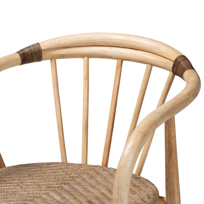 Rattan Dining Chair - Natural Brown Armrest Accent Chair - Boho Style Furniture for Kitchen or Dining Room