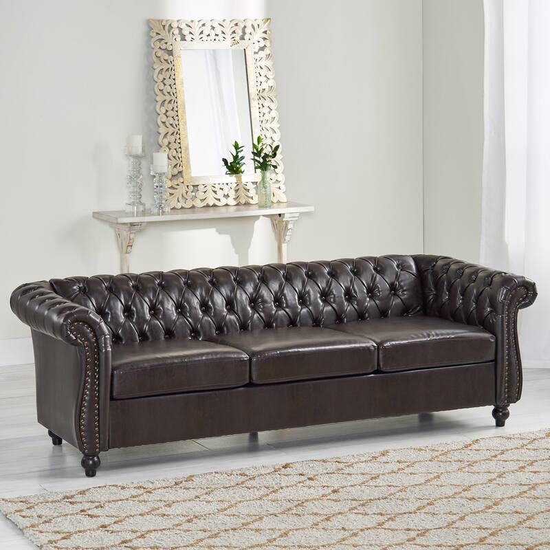 84.75" PU 3-Seater Sofa, Button Tufted, Nailhead Trim and Scrolled Arms - Brown