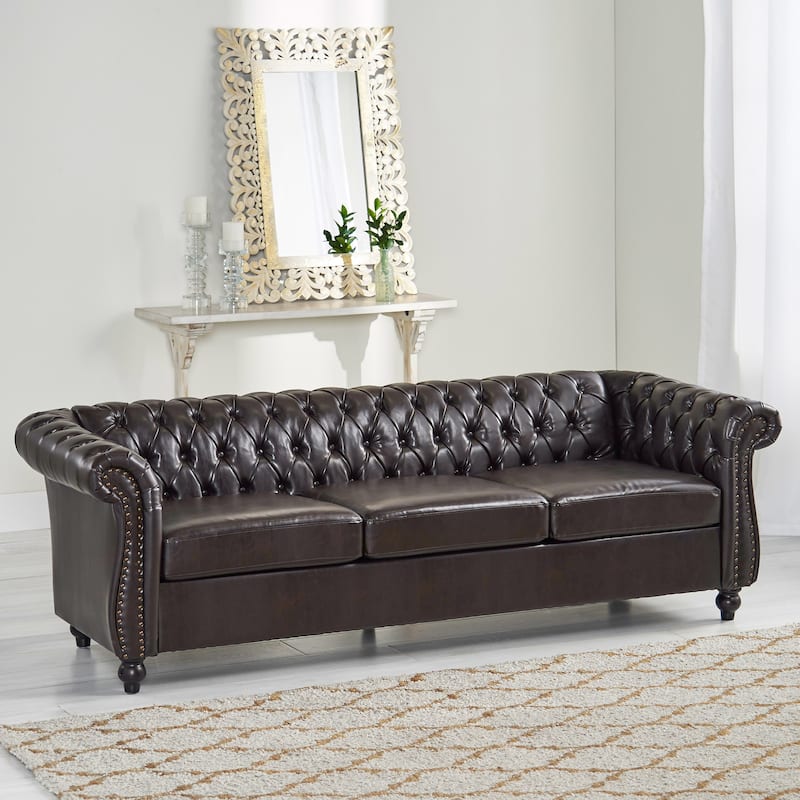 Roomfitters Modern Chesterfield 3-Seater Sofa, Tufted Upholstered Couch with Nailhead Trim and Deep Seating - Brown