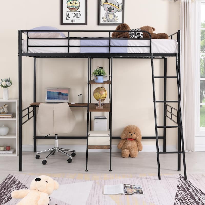 Twin Metal Loft Bed with Desk & Shelves