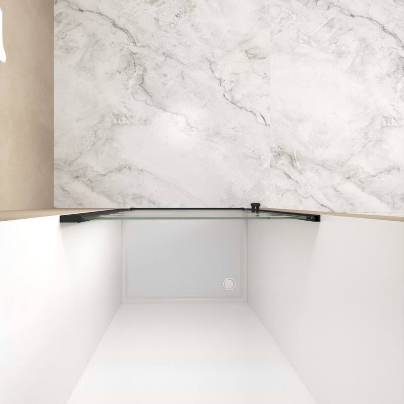 Framed Pivot Shower Door in Matte Black with Stainless Steel Handle