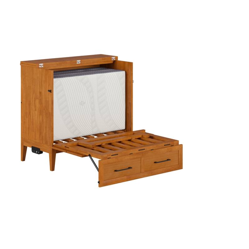 Twin Murphy Bed with Storage Chest & Charger - Solid Wood Folding Bed - Space Saving Furniture