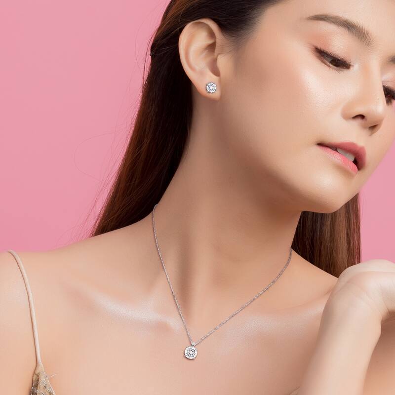 9ct DEW Created Moissanite 2-Piece Stud Earrings Pendant Chain Set 14k White Gold