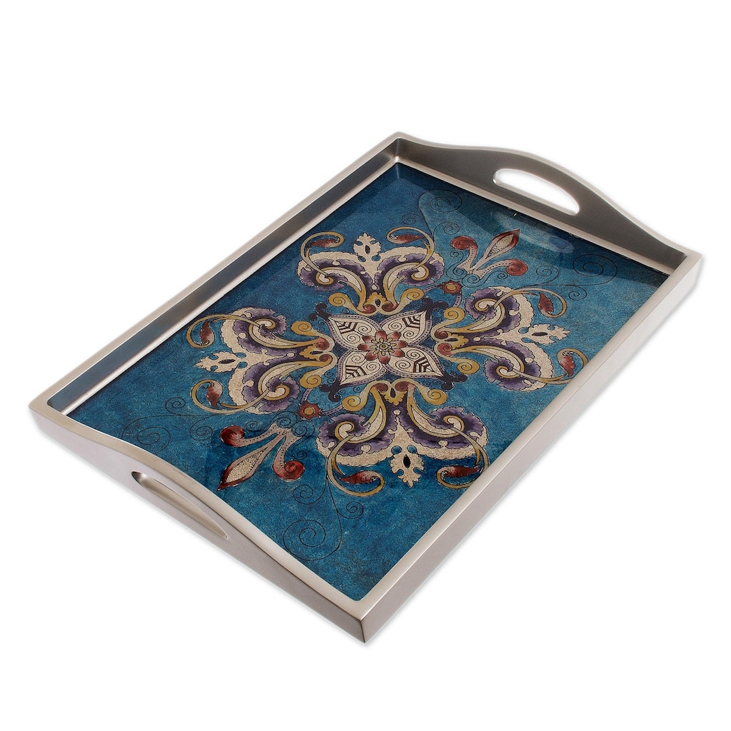 Novica Handmade Enchanting Flowers In Blue Reverse-Painted Glass Tray