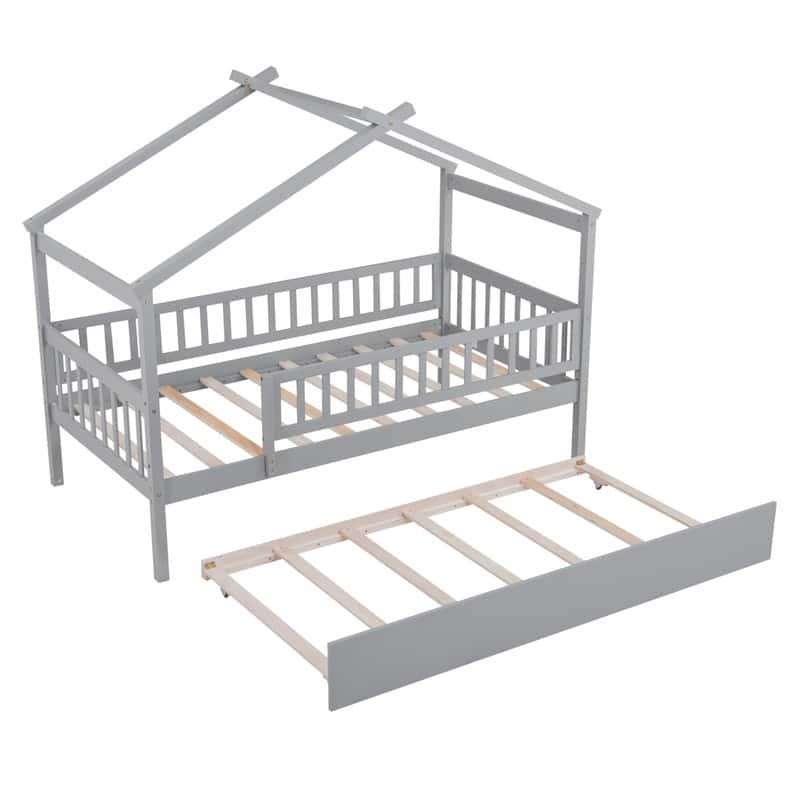 Twin Size House Bed for Kids, Wooden House Bed Twin with Trundle
