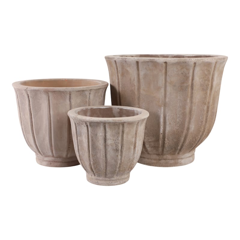 Pottery Clay Planters with Petal Ribbed Detailing (Set of 3) - 15" x 15" x 13"
