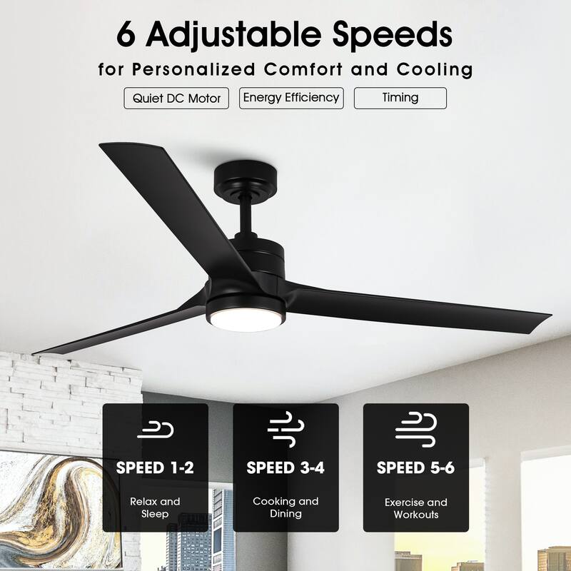 60" Black 3-blade Large Indsutrial LED Ceiling Fan with Light and Remote
