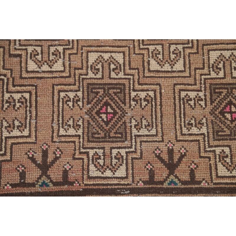 Geometric Balouch Persian Vintage Runner Rug Handmade Wool Carpet - 3'4" x 8'8"