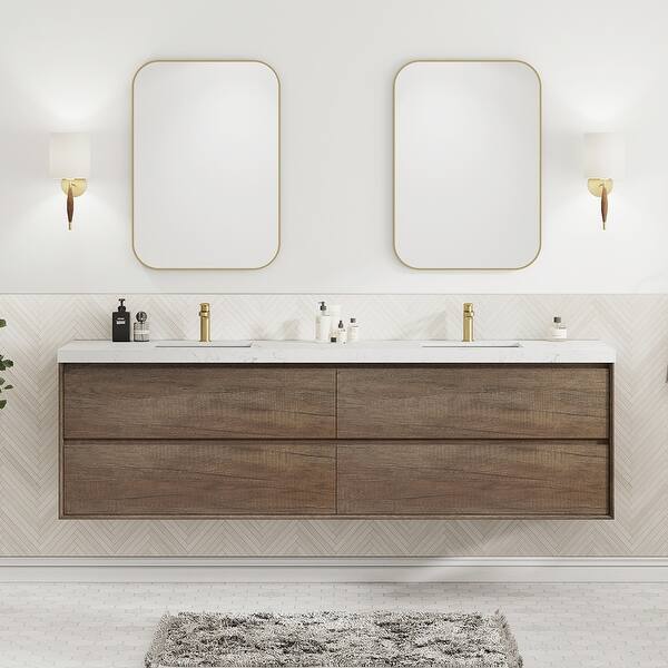 slide 2 of 14, Sylphar 84 inch Bathroom Vanity with Sink, Floating Oak Cabinet with Stone Top 1 Set Of Antique Oak Vanity