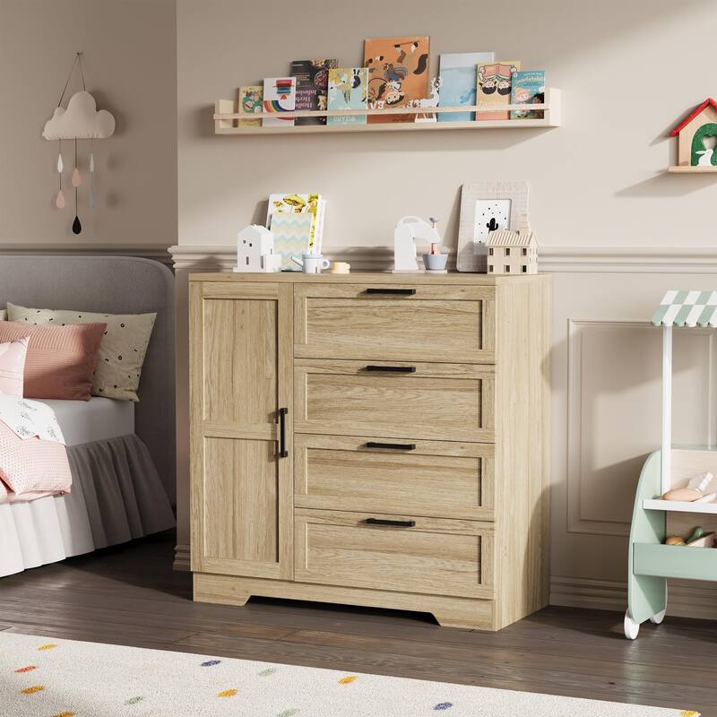 43.3'' Small Wardrobe Closet, Wardrobe Cabinet with Door, 4 Drawers and Handing Rod, Wooden Clothes Cabinet