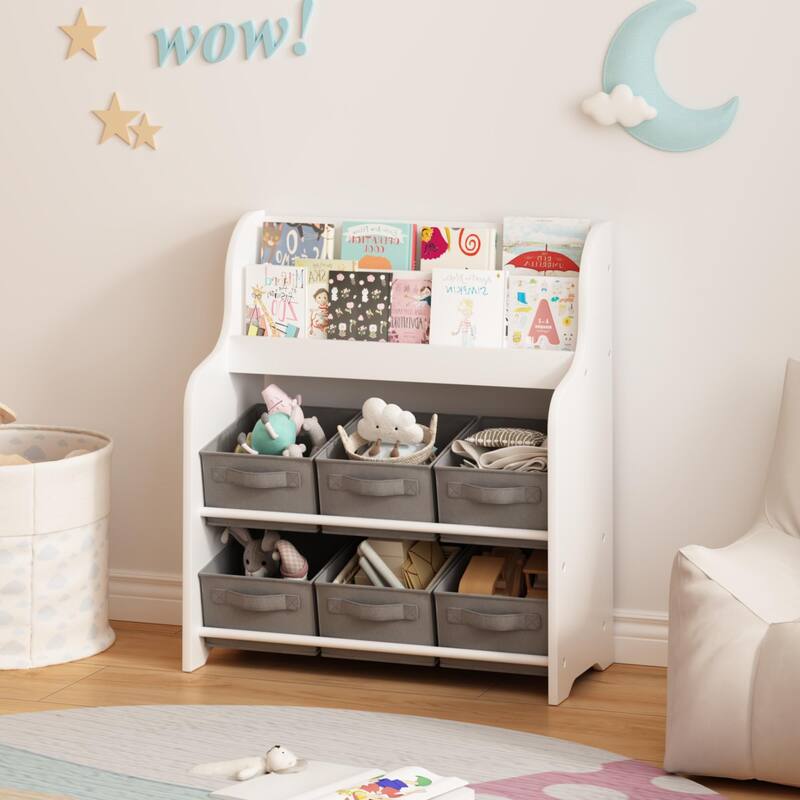 Anmytek Kids Bookshelf with 6 Fabric Storage Bins, Multi-Functional Children's Bookcase and Toy Organizer