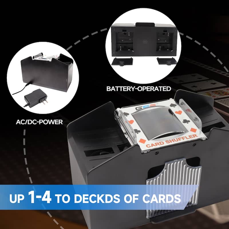 GSE™ 4-Deck Casino Automatic Card Shuffler, AC/DC-Power/Battery-Operated Electric Shuffler Machine for Card Games - Black