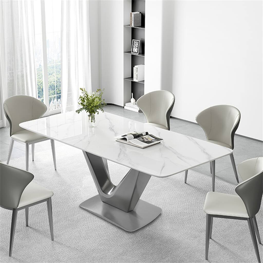 63 Inch White Sintered Stone Dining Table for 6 with V-shape Base ...