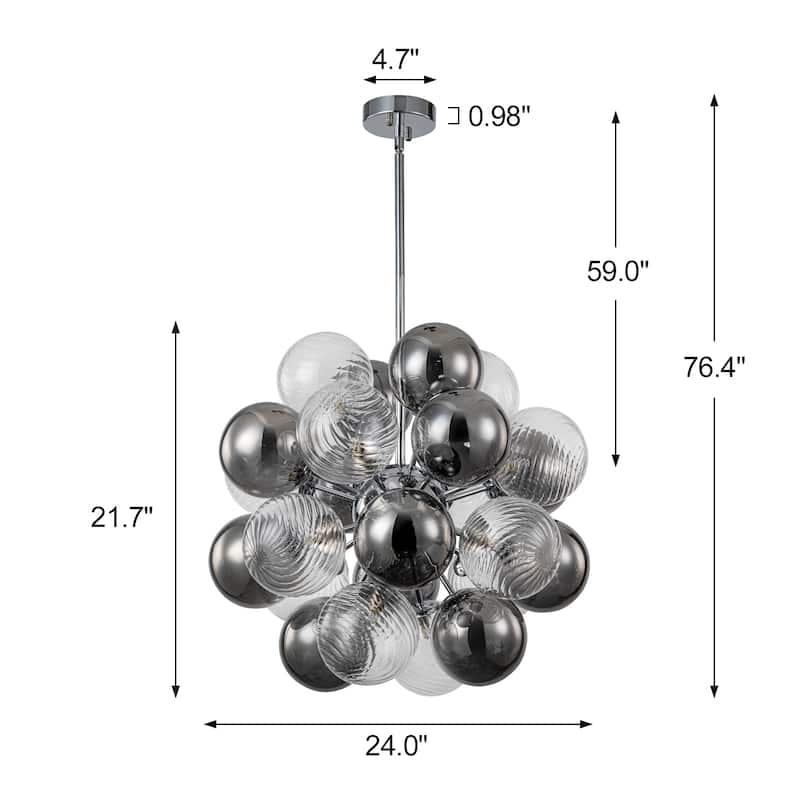 12-Light Modern Globe Glass Kitchen Island Pendant Sputnik Chandelier with Black Smoke Glass Globe - W24"