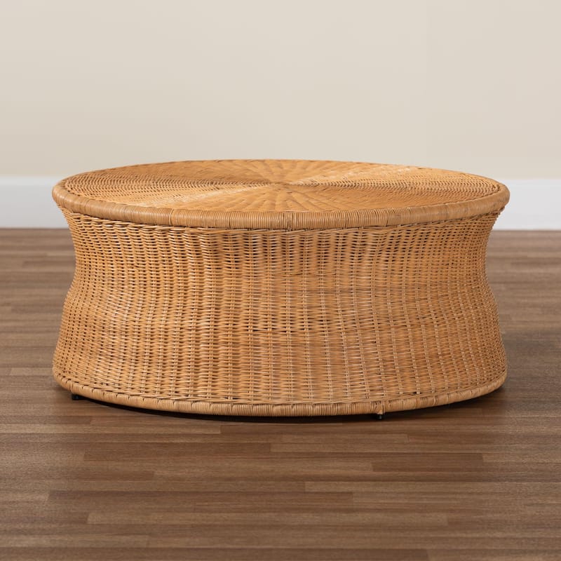 Caroline Round Natural Rattan Coffee Table - Handwoven Wicker Drum Shape Accent Table for Living Room or Sunroom, Light Honey