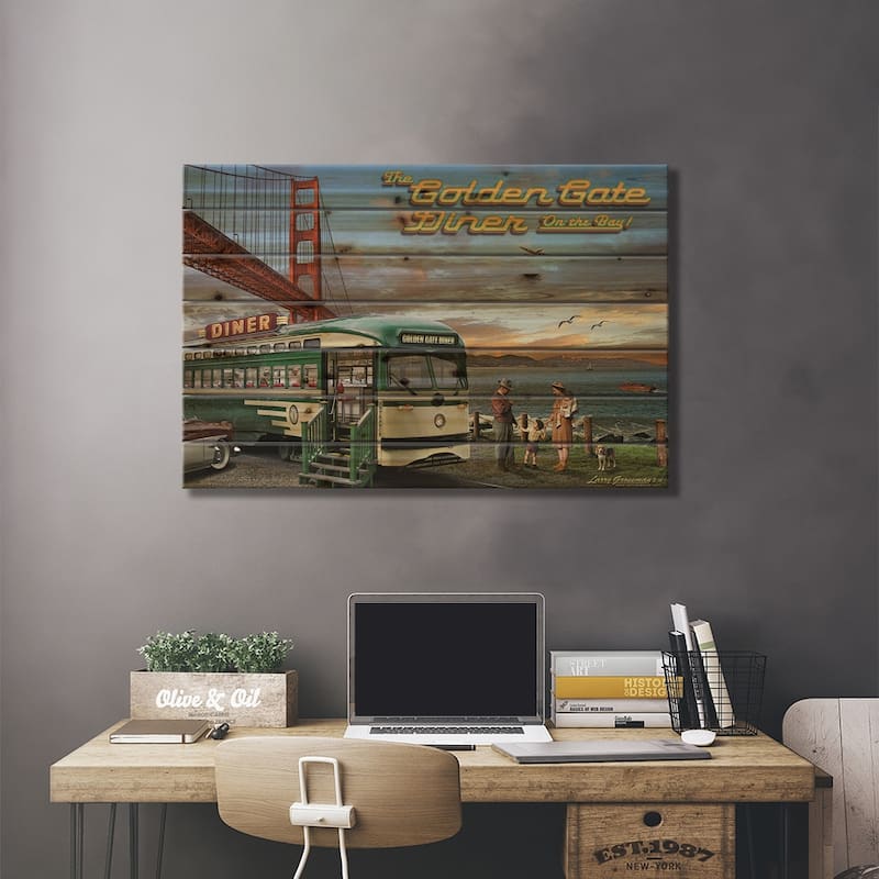 Golden Gate Diner Print On Wood by Larry Grossman - Multi-Color