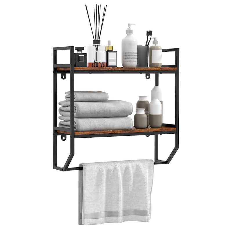 Gymax Wall Mounted Bathroom Shelf Industrial 2-Tier Storage Rack w/ - Brown - Metal Finish