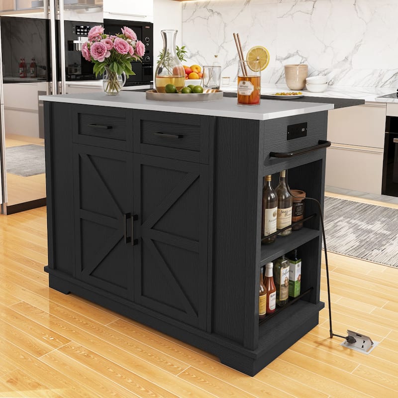 Moasis Drop Leaf Kitchen Island Cart with Stainless Steel Top And Power Outlets - Black