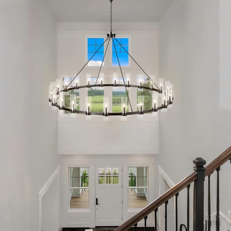 Black Wagon Wheel Chandelier with Glass Shades Adjustable Farmhouse Pendant Light for High Ceilings