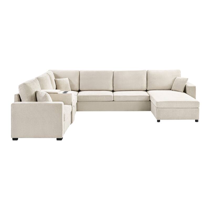 Modern 5-Seat Modular U-Shaped Sectional Sofa with Chaise, Storage Drawer, Built-In Cup Holders and Throw Pillows