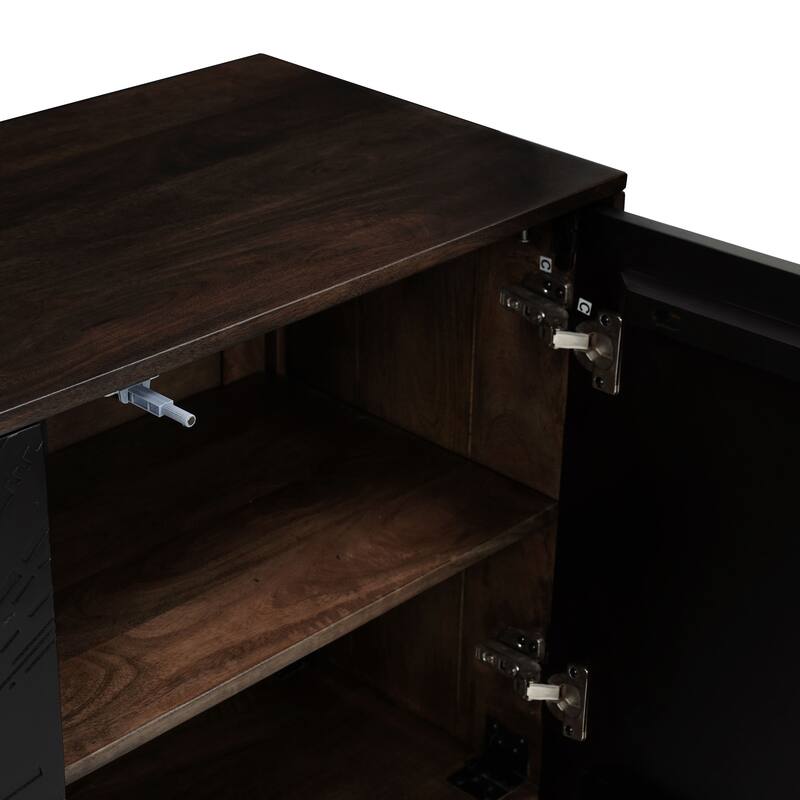 64 Inch Cosmo TV Stand Console, 3-Door Cabinet, Dark Walnut Brown & Black Mango Wood