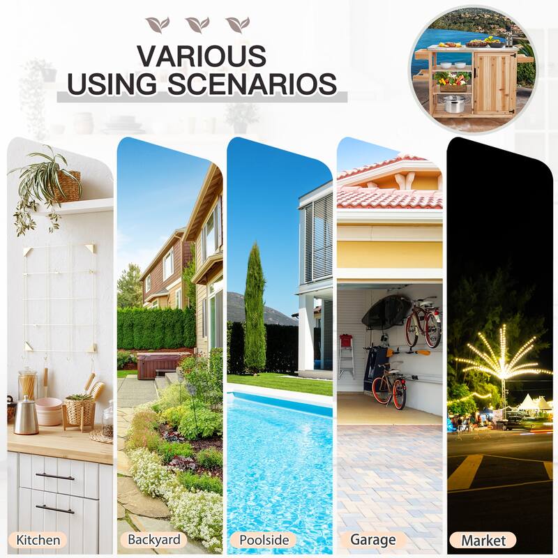 EROMMY Outdoor Kitchen Island on Wheels, Solid Cedar Wood Grill Cart with 201 Stainless Steel Top & 3‑Tier Storage - Wood Color