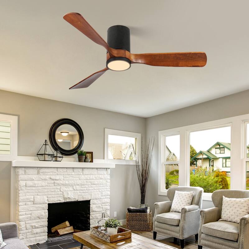Indoor/Outdoor Flush Mount Ceiling Fan with Light & Remote Control, Rustic Wood Ceiling Fan, 6-Speed Reversible DC Motor Fan