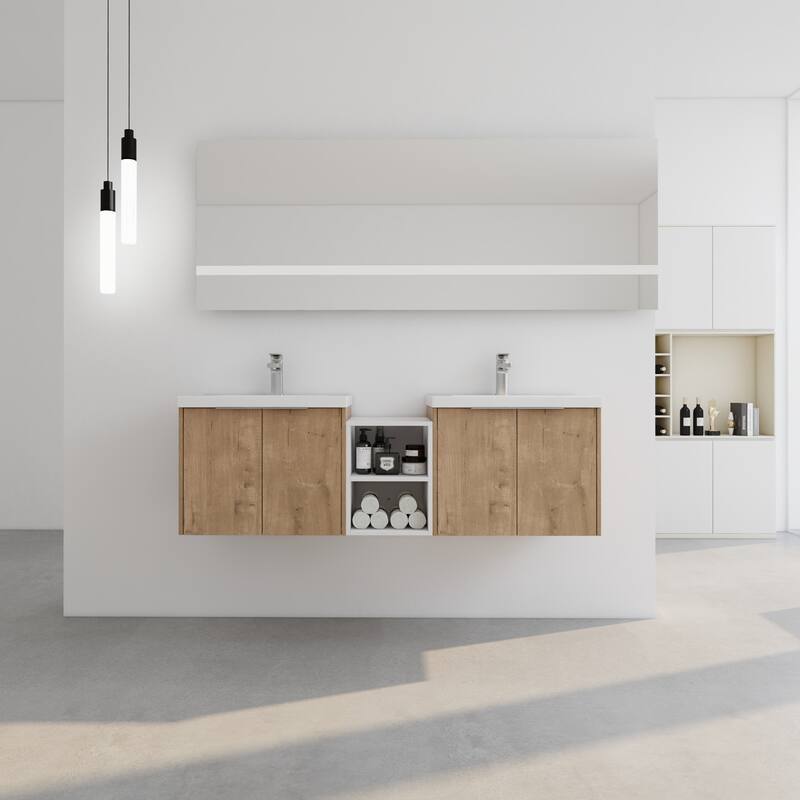 60 Inch Bathroom Vanity with Soft Close Doors, Resin Sink, Ample Storage and Matching Small Shelves (KD Packing) - 59.2in L Plywood - 59.2in L Imitative Oak