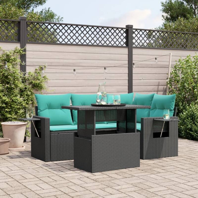 vidaXL Patio Sofa Set with Cushions Table and Couches 5 Piece Poly Rattan - Black without storage