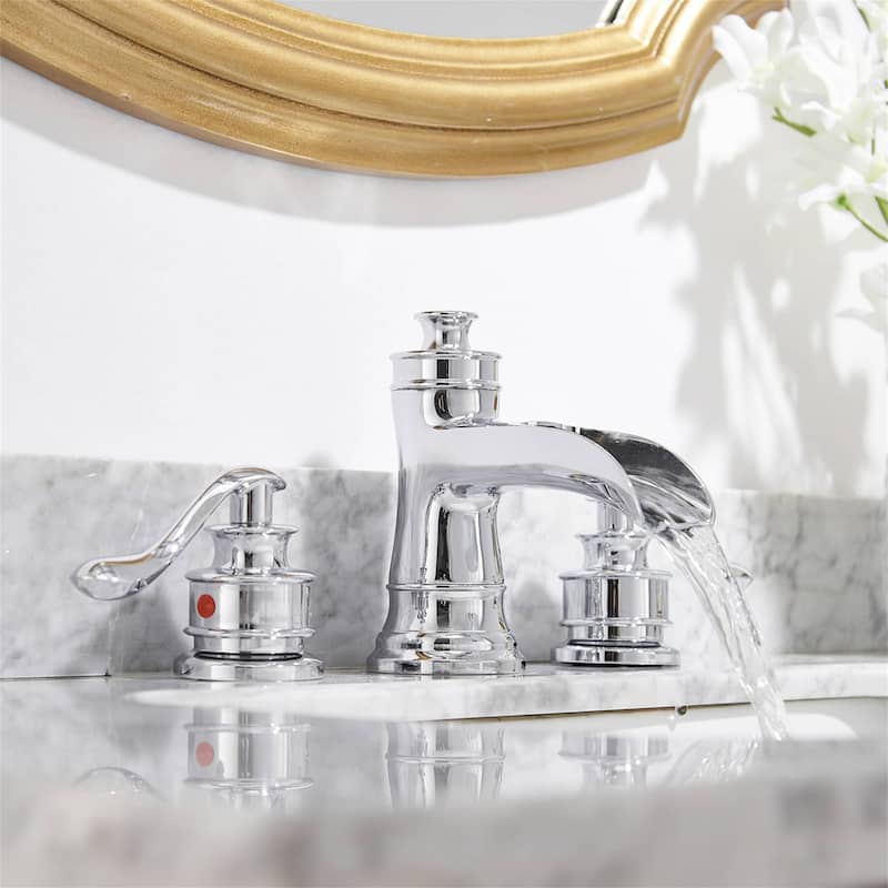 Double Handle Widespread Bathroom Faucet With Drain Assembly Waterfall Bathroom Sink Faucets 3 Holes 8 Inch Modern Vanity Taps