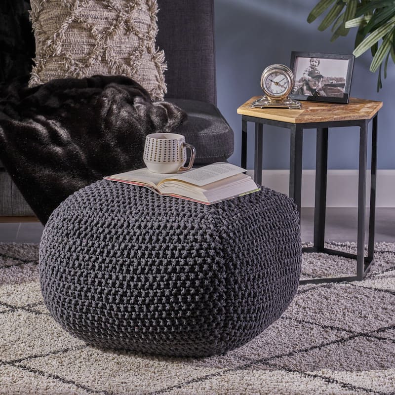 Roomfitters Handwoven Square Pouf Ottoman, Textured Cotton Knit Floor Cushion, Cozy Footrest or Seat