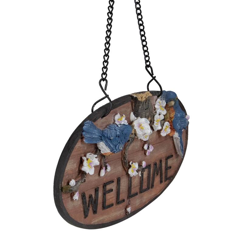 Welcome Bluebirds and Flowers Hanging Sign - 12"