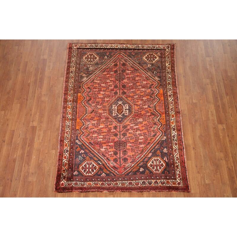 Hand Knotted Oriental 100% Wool Carpet Traditional Tribal Red Qashqai Area Rug - 6' 8'' X 4' 11''