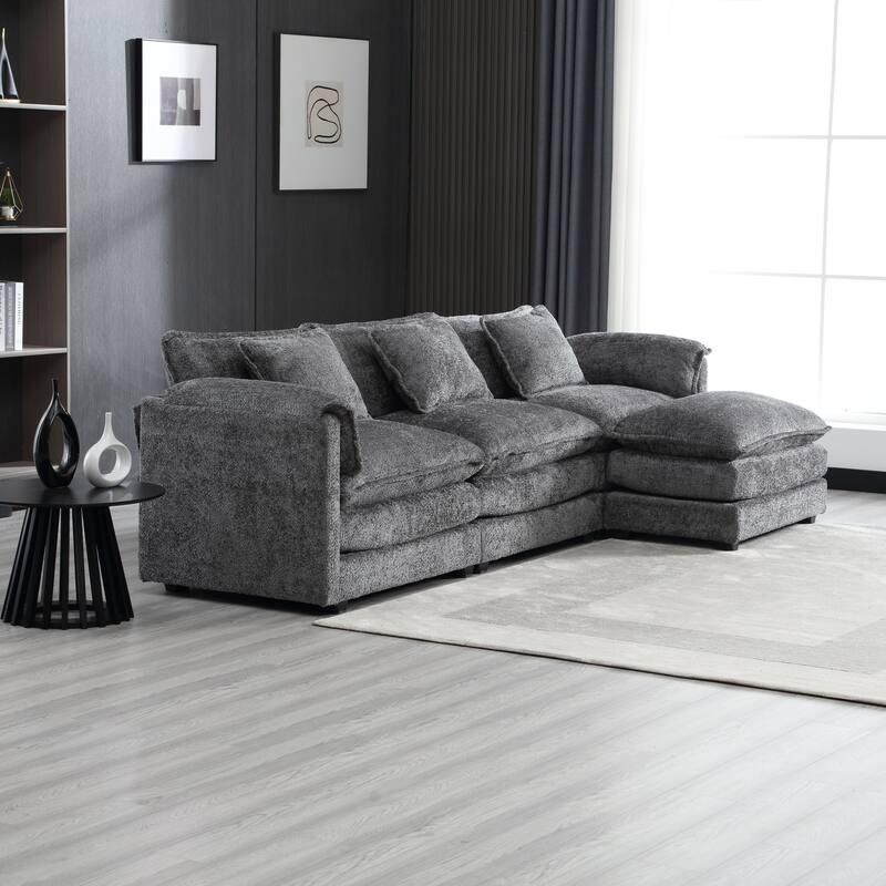 Cloud Chaise Lounge Couch L-shaped Sectional Sofa with Ottoman and Double Layered Seat Cushions for Living Room - Grey