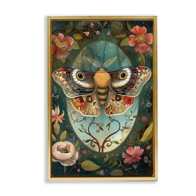 Stupell Ornate Botanicals & Moth Framed Floater Canvas Wall Art Design By The Dutch Lady - 21 x 31 - Gold
