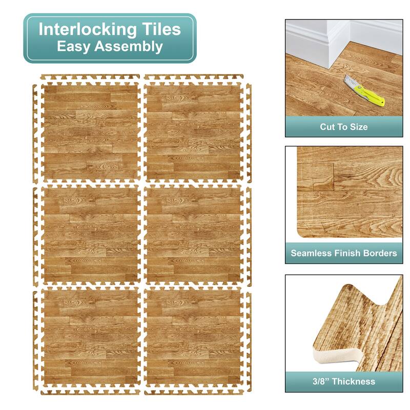 Sorbus 144 Sq. Ft. Wood Grain Floor Tiles Foam Mat EVA Interlocking Mats Tile 3/8-Inch Thick Flooring Wood Puzzle Exercise Mats